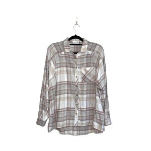 Maurices Cream & White Oversized Button Down Plaid Shirt Xsmall Women’s